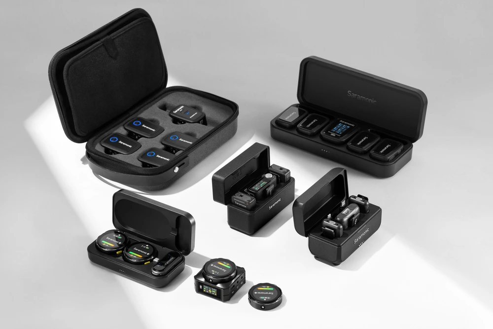 Saramonic wireless microphone collection with multiple charging cases and transmitter units.