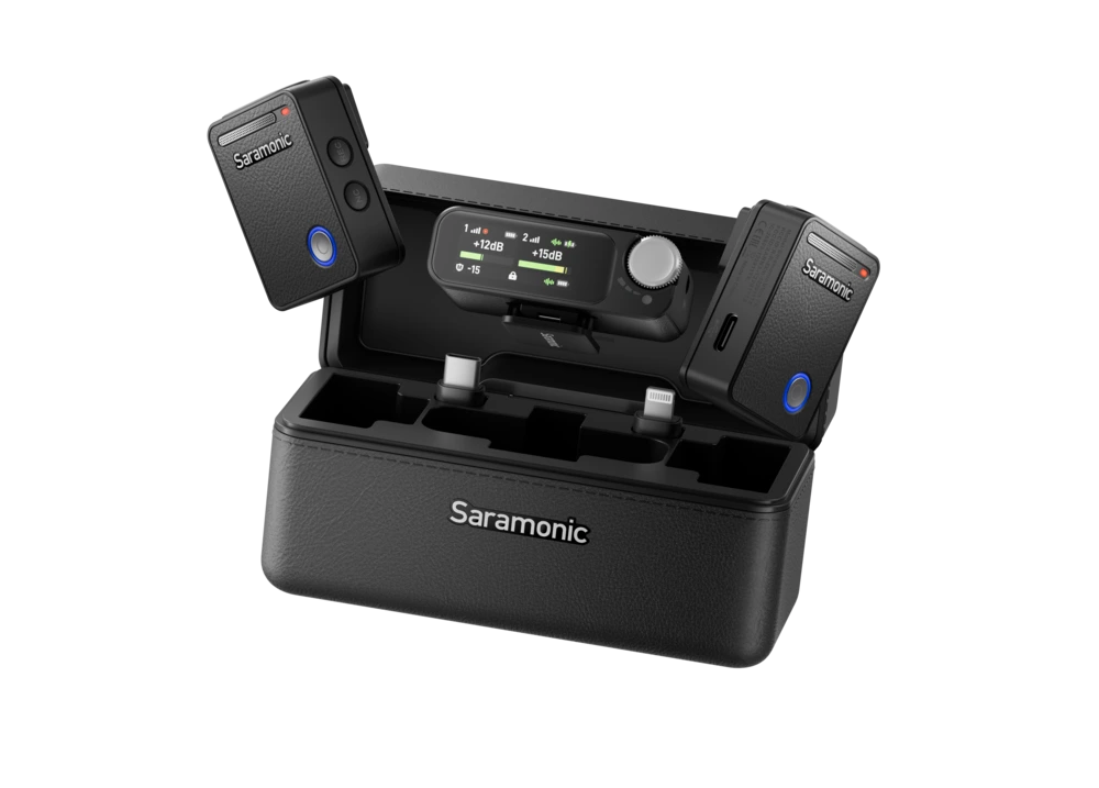 Saramonic dual wireless microphone system with charging case and LCD display.