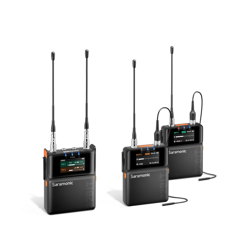 A Saramonic wireless microphone system, featuring one dual-channel receiver and two transmitters, all displaying operational information on their screens and ready for audio capture.
